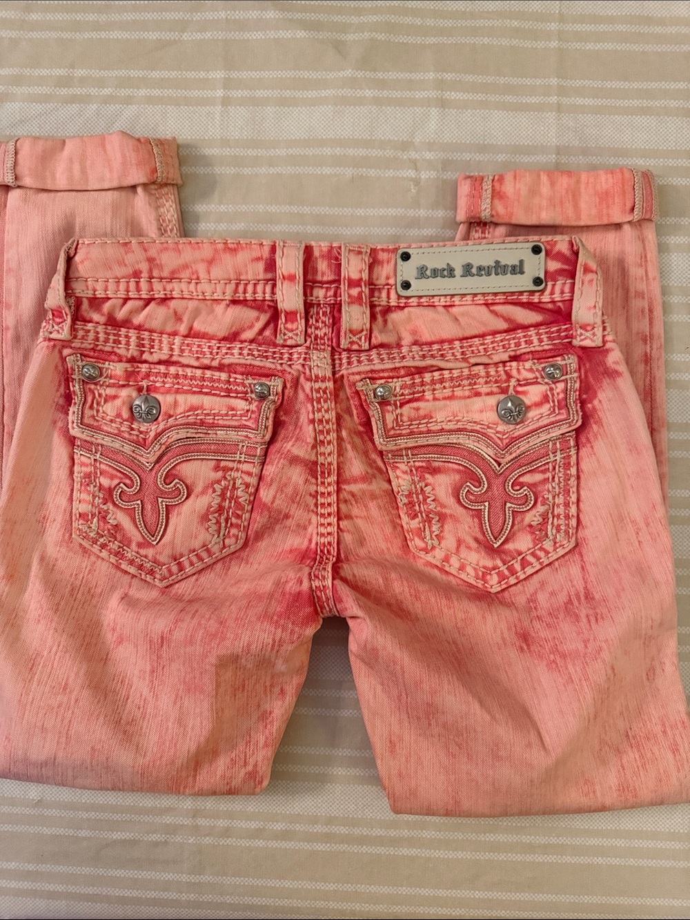 Rock Revival Coral Coral/orange Washed Embroidered Back Pocket Jeans “Kai”